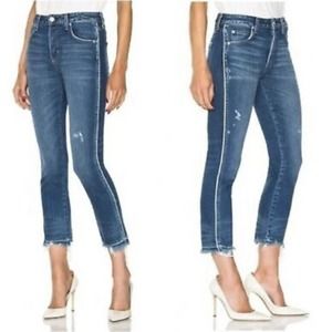 AMO Babe Old School Jeans • 24• with Piping Blue Raw Hem $298